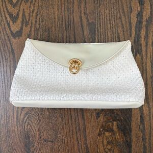 Ann Taylor White Leather Woven Clutch Bag with Gold Clasp Accent